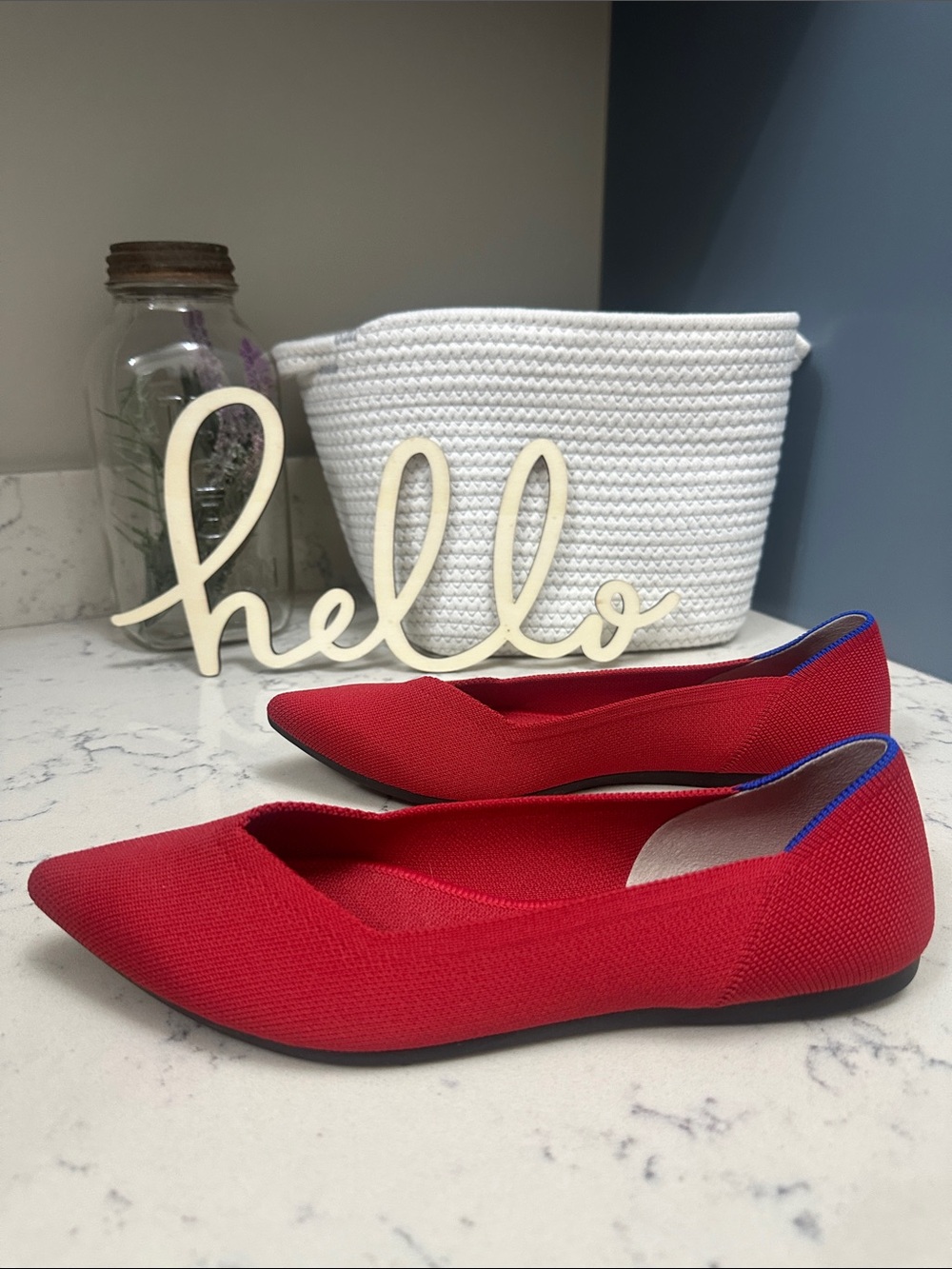 Rothy's Red Pointed Knit Flats with Blue Heel Trim - Picture 2 of 5